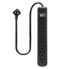 GE GE 6-Outlet Power Strip, 2 Ft Extension Cord, Heavy Duty Plug, Grounded, Integrated Circuit Breaker, 3-Prong, Wall Mount, ETL Listed, Black, 14831