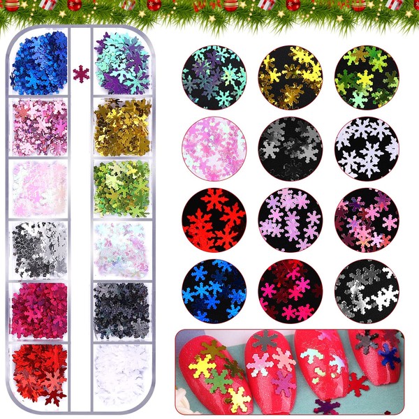 EBANKU 12 Grids Christmas Snowflake Nail Sequins, Iridescent Snowflake Nail