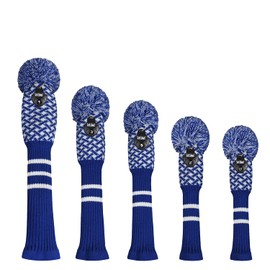 Scott Edward Golf Headcovers 5Pcs for Driver*1 Fairway*2 Hybrid*2,Knitted Elastic Yarn Double Layers Big Pom Protect Golf Club from Scracthes and Dust,Perfect Match Golf Bags (Blue Reticulated)