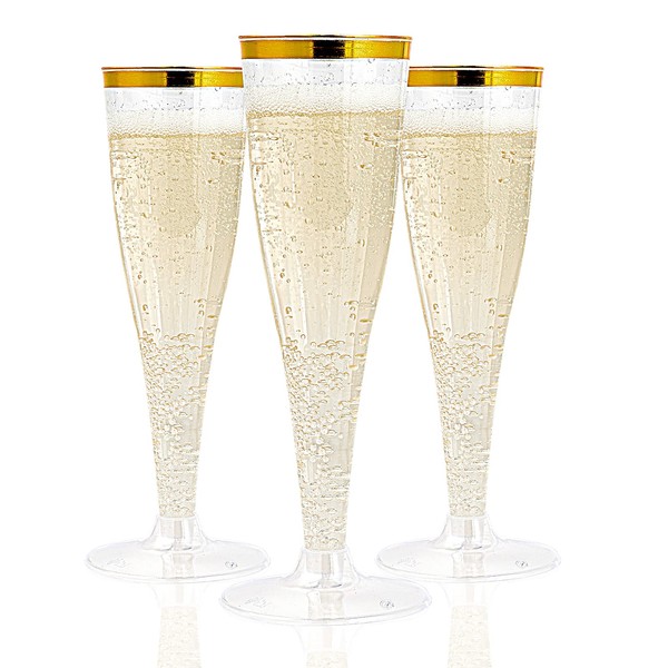 JOLLY CHEF 36 Plastic Champagne Flutes 4.5 oz Gold Rim Clear Plastic Toasting Glasses Disposable Wedding Party Plastic Champagne Glasses Perfect for Wedding, Thanksgiving Day, Christmas
