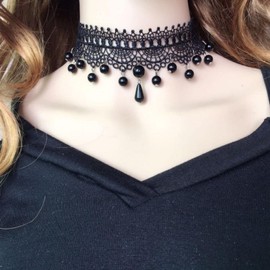 Aneneiceera Boho Black Pearl Lace Choker Necklace Black Teardrop Bead Pendant Necklace Choker Gothic Droplet Collar Necklace Retro Vintage Necklace Chain Jewelry Gifts for Women (Black E)