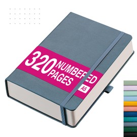 RETTACY A5 Bullet Dot Grid - Dotted Notebook with 320 Numbered Thick Journal Leather Hardcover 100gsm Paper Pen Holder, Inner Pocket, 2 Free Journal Stencils 14.5 x 21cm - GBlue