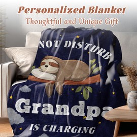 Grandpa Funny Birthday Gifts from Grandkids 50 x60 Inch “Grandpa is Charging” Sloth Throw Blanket, for Bed Sofa Napping Christmas Thanksgiving Anniversary