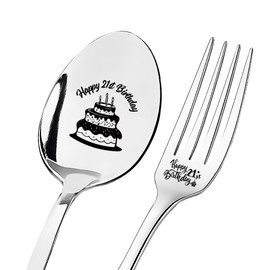 21st Birthday Gifts for Him Her Girlfriend Boyfriend 21 Year Old Birthday Gifts for Son Daughter 21st Birthday Present for Niece Nephew 21 Happy Birthday Tableware for Women Men 21 Yr Spoon Fork 2 Pcs