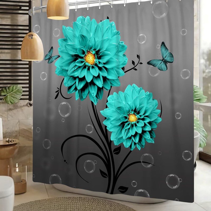Blue Flower Butterfly Shower Curtain Teal Turquoise Blue Dahlia Bathroom