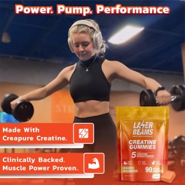 Laser Beams Creatine Monohydrate Gummies for Women & Men - 5g Creapure Creatine per Serving - Vegan, Mango Flavor - Boost Muscle Strength, Endurance, Recovery & Mental Focus (90 Gummies)