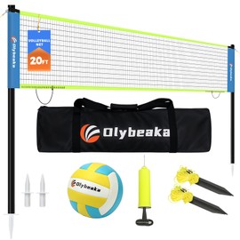 20FT Outdoor Volleyball Net Set System for Backyard Beach with Anti-Sagging Net, Iron Adjustable Height Poles, Soft PU Volleyball and Pump, Carry Bag - Instant Set Up & Durable (Blue and Green)