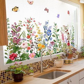 AOLTNRC Colorful Floral Window Clings, Watercolor Wildflower Wall Stickers, Peel and Stick Reusable Removable Double-Sided for Home Office Decor (Green)