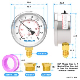 MEANLIN MEASURE -30inHg~30PSI Glycerin Filled Vacuum Pressure Gauge, Stainless Steel 1/4" BSP 2.5" FACE DIAL Lower Mount, with 1/4" x 1/2" BSP and 1/4" x 3/8" BSP Hex Bushing
