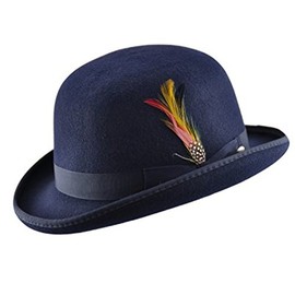 Unisex Hard Top Wool Bowler Hat With Feather Satin Lined Sizes S to XL