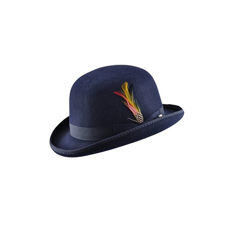 Unisex Hard Top Wool Bowler Hat With Feather Satin Lined