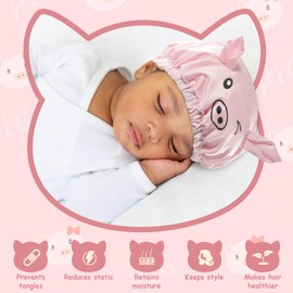 Lolalet Kids Bonnets for Girls, Adjustable Silk Baby Bonnet for Curly Hair Toddler Satin Cartoon Bonnet Cap with Elastic Band -Piggy