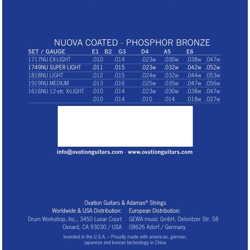 Adamas Nuove Phosphor Bronze Coated Acoustic Guitar Strings Solid Brass