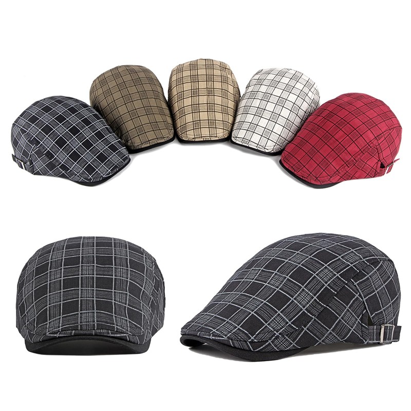 Rayson Flat Cap Men's Beret Cap Checked Adjustable Beret Hat