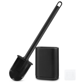 Juego de escobilla de inodoro y soporte para baño, limpieza eficiente y flexible, montado en la pared, con cabezal de cepillo para polvo de mango largo y cerdas de silicona, sin asas oxidadas, cepillo para polvo de inodoro (negro)