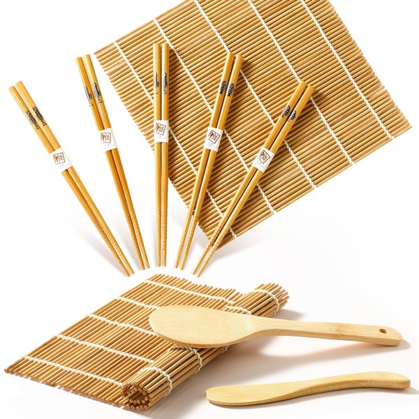 Sushi Making Kit, Delamu Bamboo Sushi Mat, Including 2 Sushi Rolling Mats, 5 Pairs of Chopsticks, 1 Paddle, 1 Spreader, 1 Beginner Guide PDF, Roll On, Beginner Sushi Kit