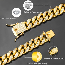 TRIPOD JEWELRY Hip Hop 12mm 10mm Real White Gold/18K Gold/Rose Gold Plated Iced Out Miami Cuban Link Chain Necklace or Bracelet Diamond CZ Choker for Men Women, Metal, Cubic Zirconia