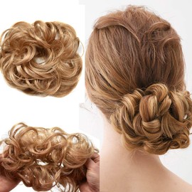 Women Girl Curly Messy Rose Updo Bun Hairpiece Synthetic Potnytail Scrunchie Hair Extentions (R21T# Light Ash Brown To Light Bleach Blonde)