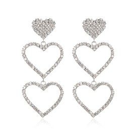 EVER FAITH Wedding Large Statement Heart Earrings, Stunning Rhinestone Round Crystal Long Three Love Hearts Valentines Day Bridal Party Dangle Earrings for Women White Silver-Tone
