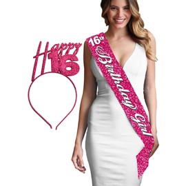 16th Birthday Tiara & Sash Set Pink - 2PC SET - Happy 16 Sparkle Hot Pink Birthday Tiara and 16th Birthday Girl Sparkle Sash Set - 16th Birthday Photo Prop, Birthday Sets HdBd(HAP16)HPK