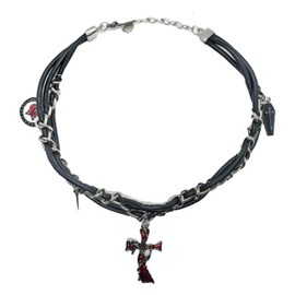QINHE Gothic Leather Choker Necklace with Cross Pendant, Metal Chain and Rivets, Black and Silver