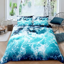 Feelyou Ocean Wave Bedding Set Ocean Sea Themed Comforter Cover for Kids Boys Girls Teens Hawaiian Beach Underwater Duvet Cover Breathable Bedspread Cover Blue Room Decor Quilt Cover Queen Size