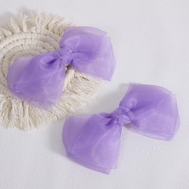 2pc Light Purple Mesh Ribbon Hair Bows 6in Big Organza Double Ribbon Bow-Knot Alligator Clips Pins Dress Decor Accessories For Girls Toddler Kids Children Teens Birthday Gift