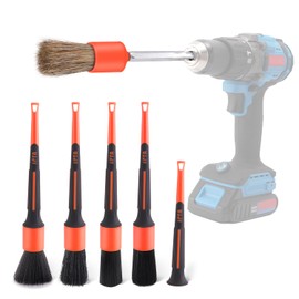 SPTA Car Detailing Brush Set, 5 Pack V2.0 Soft Boar Hair Auto Detail Brush Kit with Drill Adapter, for Automotive Interior Exterior Dashboard Engine Bay Seat Leather, Can be Used in Electric Drills
