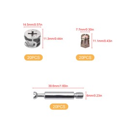 20 Sets 3-in-1 Furniture Connection Kits, Rod Bolts Pre-Inserted Nuts and Eccentric Cams, for Splicing Assembly Table Cabinets Furniture Locking Connecting, Silver, Zinc Alloy Iron