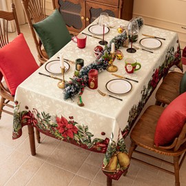 Softalker Christmas Rectangle Jacquard Tablecloth with Red Flower Bell, Polyester Poinsettia Vintage Floral Printed Table Cloth for Xmas Party Decoration/Holiday (60x144 Inch)