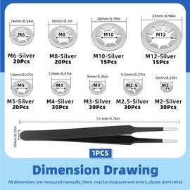 Glarks 210Pcs Metric M2 M2.5 M3 M4 M5 M6 M8 M10 M12 304 Stainless Steel Internal Tooth Star Lock Washers Assortment Kit External Push Rings Quick Speed Locking Washers with 1Pcs tweezer