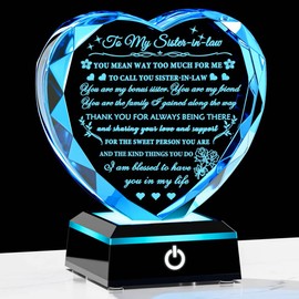 Arikyrist Meaningful Sister in Law Gifts with Colorful LED Base Wedding Birthday Gifts for Sister in Law Heart Crystal Keepsake Gift Ideas for Mother's Day Christmas Thanksgiving