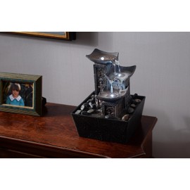 MSEONWXI Home Décor Tabletop Fountain 3-Tier Tile Indoor Black Fountain Waterfall Pebble Stone LED Cold White Light Desktop Water Pump On/Off Switch Fengshui Gift(21110B)