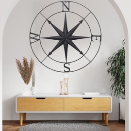 Bellaa 27451 North Star Metal Wall Decor Nautical Compass Coastal Decorative Beach Home Indoor Living Room Outdoor Garden Patio Round Rustic Distressed Black Plaque 30 inch