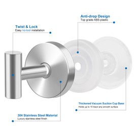 EASETROL Suction Cup Hooks for Shower, Heavy Duty Wreath Door Hanger, Towels Robes Bathroom Hanger Holder Hooks No Drill on Smooth Wall Glass Mirror Tile (2, Silver)