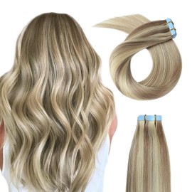 YILITE Tape in Remy Hair Extension Color 18 Ash Blonde Highlighted 613 Bleach Blonde Hair Extensions, #P18/613 Ash Blonde Highlighted Bleach Blonde(12inch P18/613)