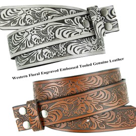 BS220 Western Floral Engraved Embossed Tooled Genuine Leather Belt Strap w/Snaps 1 1/2" Wide (Gray, 32)