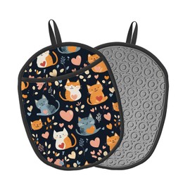 Pot Holders 2 Pack Silicone, Cotton Lining, Heat Resistant to 500°F (260°C), Non-Slip Grip, 7.5"x9.4" Oval Kitchen Hot Pads for Oven, Cooking (Cats and Hearts, Potholders)