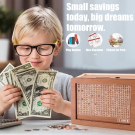 Money Saving Box Piggy Bank for Adults Kids 10000 Savings Challenge Box Money box Wooden Reusable Savings Box With $10000 5000 3000 2000 1000 500 Target Best Gift for Kids Adult Friends(8Sheets,Brown)