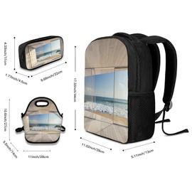 School Backpack Set,Empty Modern Lounge Area with Large Window and View of Sea Waves Rocks Art,with Lunch Bag and Pencil Case for Girls Boys Teenager Cute Schoolbag Waterproof Bookbag