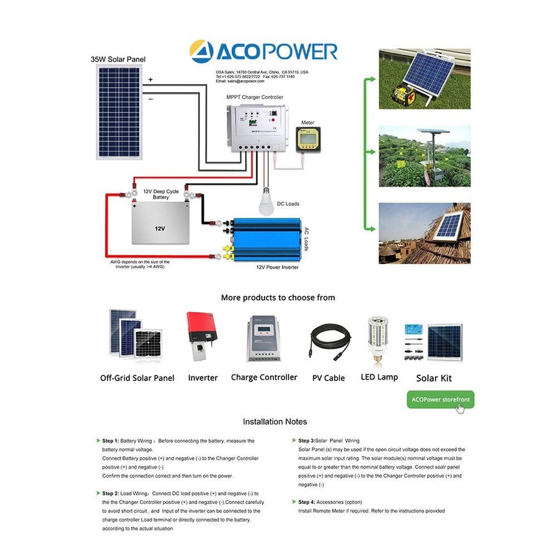 ACOPOWER 35W 5A 12V Solar Charge Kit, 35Watts Polycrystalline Solar