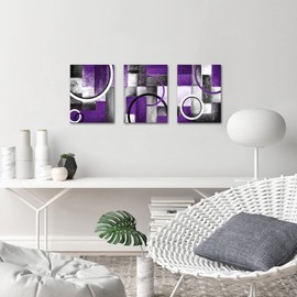 Rustic Visual Art Decor Abstract Geometric Circle Canvas Wall Art - Grey & Purple Prints for Living Room & Bedroom Decoration - Ready to Hang