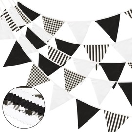 G2PLUS Black and White Fabric Bunting, 12 m Bunting Garland, Black and White Stripes Fabric Garland, Fabric Bunting with 42 Pieces of Bunting for Children's Room, Wedding, Birthday Party