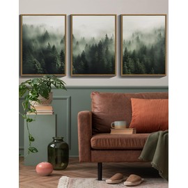 SHENIFY Green Fog Pine Tree Forest Canvas Wall Art 11x14in Framed Modern Artwork Prints Decor