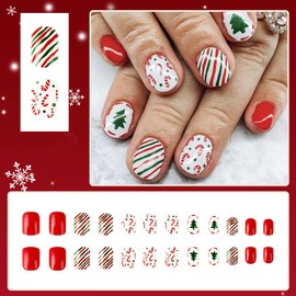 Christmas Press on Nails White Short Square - ZWENJIE Winter Cute Red Glossy Fake Nails with Nail Glue Acrylic Artificial False Nails Xmas Tree Crutch Line Full Cover Stick on Nail Kit for Woman 24PCS