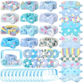 Kajaia 48 Pcs Sleepover Party Supplies for Women Slumber Party Supplies for Girls Spa Favor Headband Eye Mask Hair Scrunchies Toiletry Bag (Blue,Pure)
