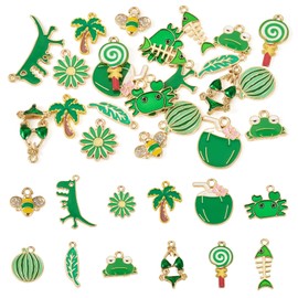 Craftdady 24 pcs Mixed Green Enamel Charms for Jewelry Making Leaf Coconut Tree Bee Watermelon Flower Alloy Pendants Cute Summer Dangle Charms for Women DIY Necklace Earring Making, Metal, No Gemstone