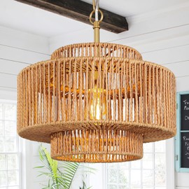 Bagood 12.5" Rattan Chandelier 1-Light Woven Rattan Pendant Light Boho Wicker Pendant Lighting Fixture Farmhouse Chandelier Light Fixture 3-Tier Drum Wicker Golden Chandeliers for Dining Room
