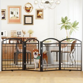 THKKY Folding No-Assembly Metal Freestanding Dog Gate with Door Walk Through,32" Height Pet Fence,96" Extra Wide Accordion Puppy Folding Playpen for Doorways,House,Stairs (4 Panels,Black)
