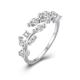 Silver Rings for Women Girls, 925 Sterling Silver Open Adjustable Leaf Ring with Cubic Zirconia Jewelry Gift for Wedding